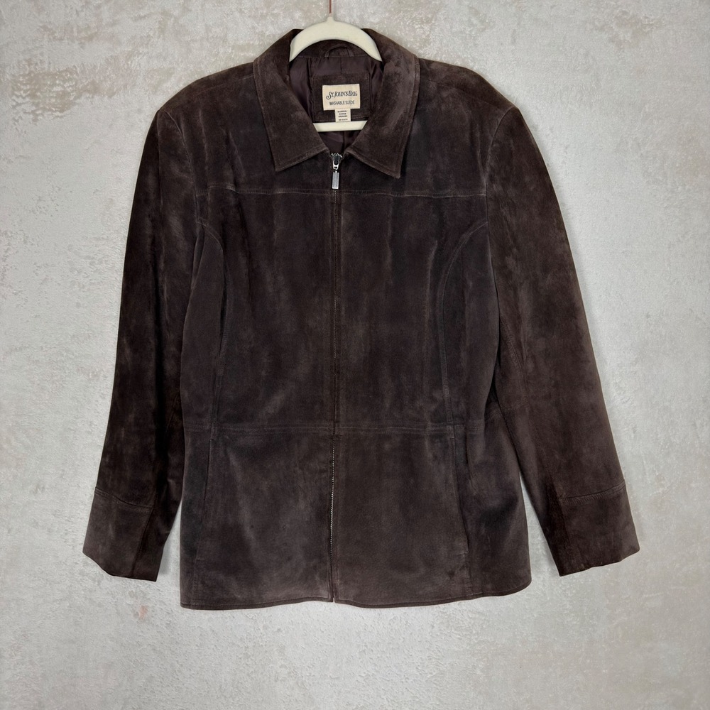 St. Johns Bay Washable Suede Jacket Brown Zip Front Leather Coat XL Minimalist